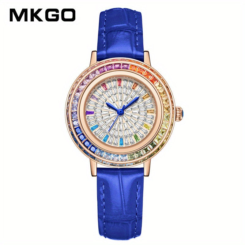 MKGO Colorful Luxury Rhinestone Quartz Watch Elegant Waterproof Fashion Analog PU Leather Wrist Watch