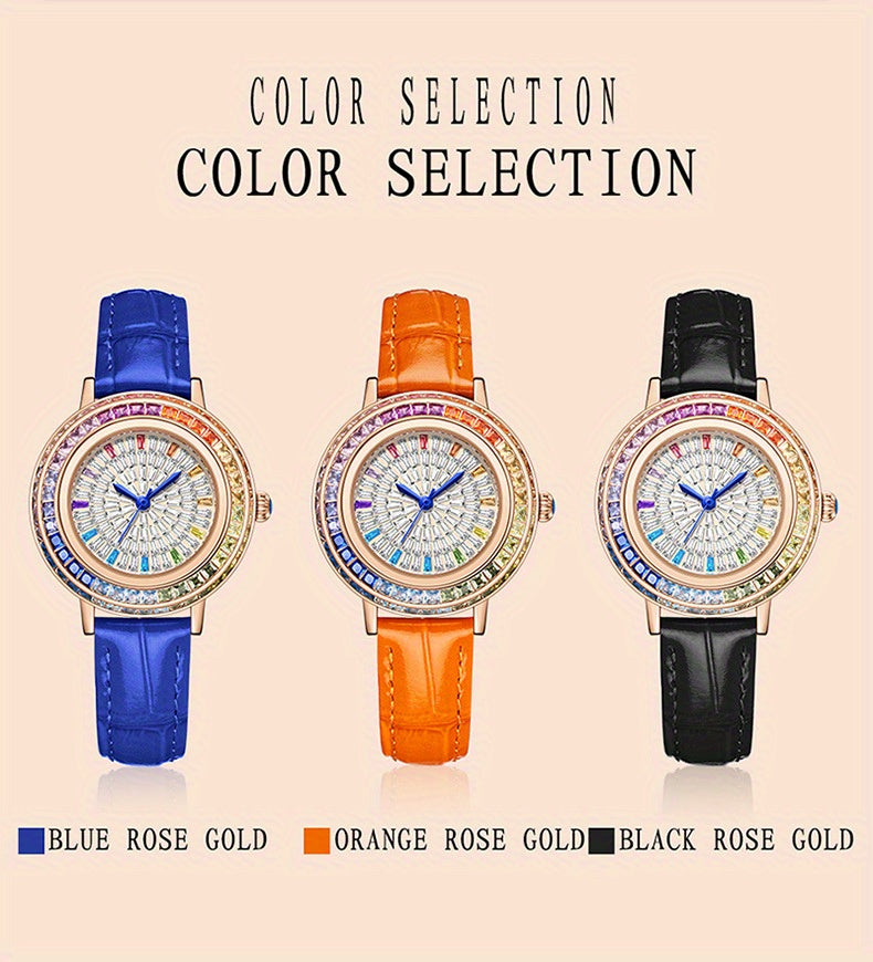 MKGO Colorful Luxury Rhinestone Quartz Watch Elegant Waterproof Fashion Analog PU Leather Wrist Watch