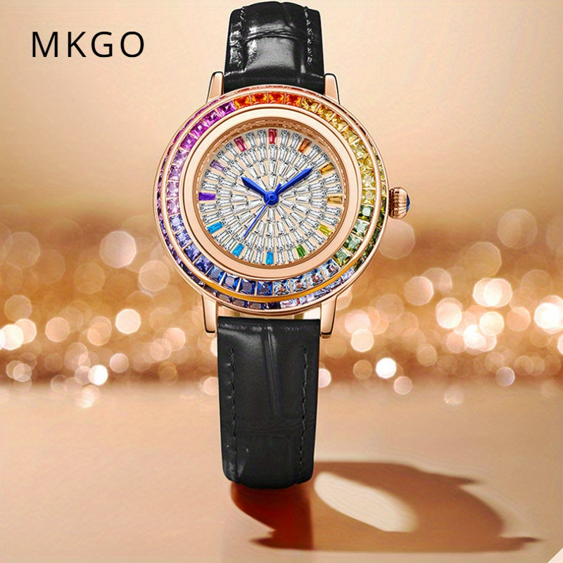 MKGO Colorful Luxury Rhinestone Quartz Watch Elegant Waterproof Fashion Analog PU Leather Wrist Watch
