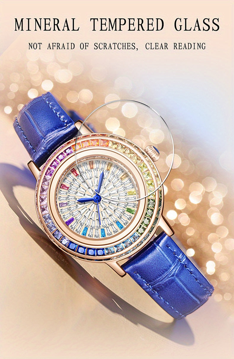 MKGO Colorful Luxury Rhinestone Quartz Watch Elegant Waterproof Fashion Analog PU Leather Wrist Watch