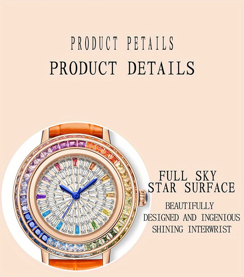MKGO Colorful Luxury Rhinestone Quartz Watch Elegant Waterproof Fashion Analog PU Leather Wrist Watch
