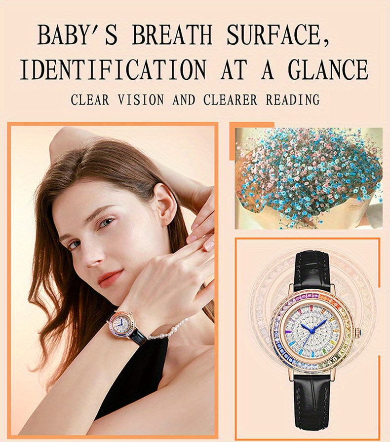 MKGO Colorful Luxury Rhinestone Quartz Watch Elegant Waterproof Fashion Analog PU Leather Wrist Watch