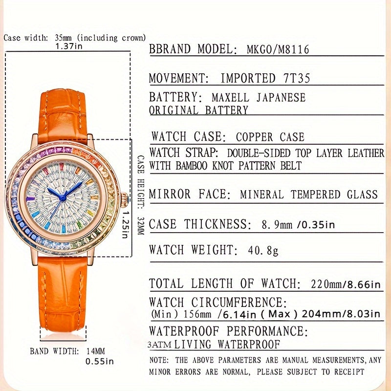 MKGO Colorful Luxury Rhinestone Quartz Watch Elegant Waterproof Fashion Analog PU Leather Wrist Watch