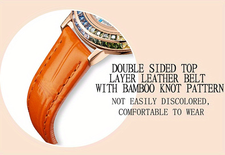 MKGO Colorful Luxury Rhinestone Quartz Watch Elegant Waterproof Fashion Analog PU Leather Wrist Watch