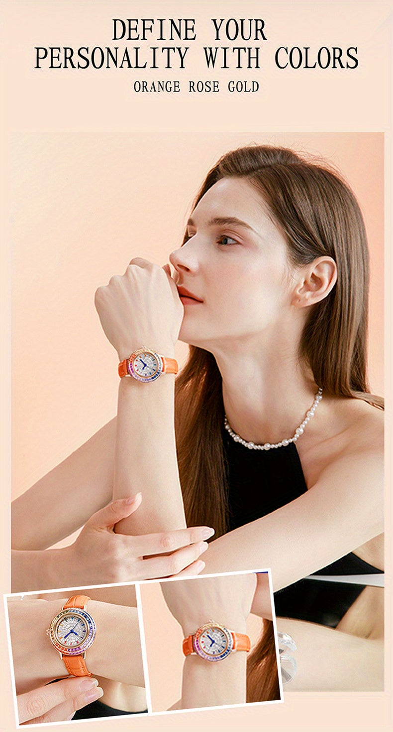 MKGO Colorful Luxury Rhinestone Quartz Watch Elegant Waterproof Fashion Analog PU Leather Wrist Watch