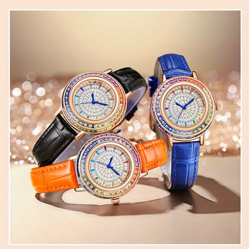 MKGO Colorful Luxury Rhinestone Quartz Watch Elegant Waterproof Fashion Analog PU Leather Wrist Watch