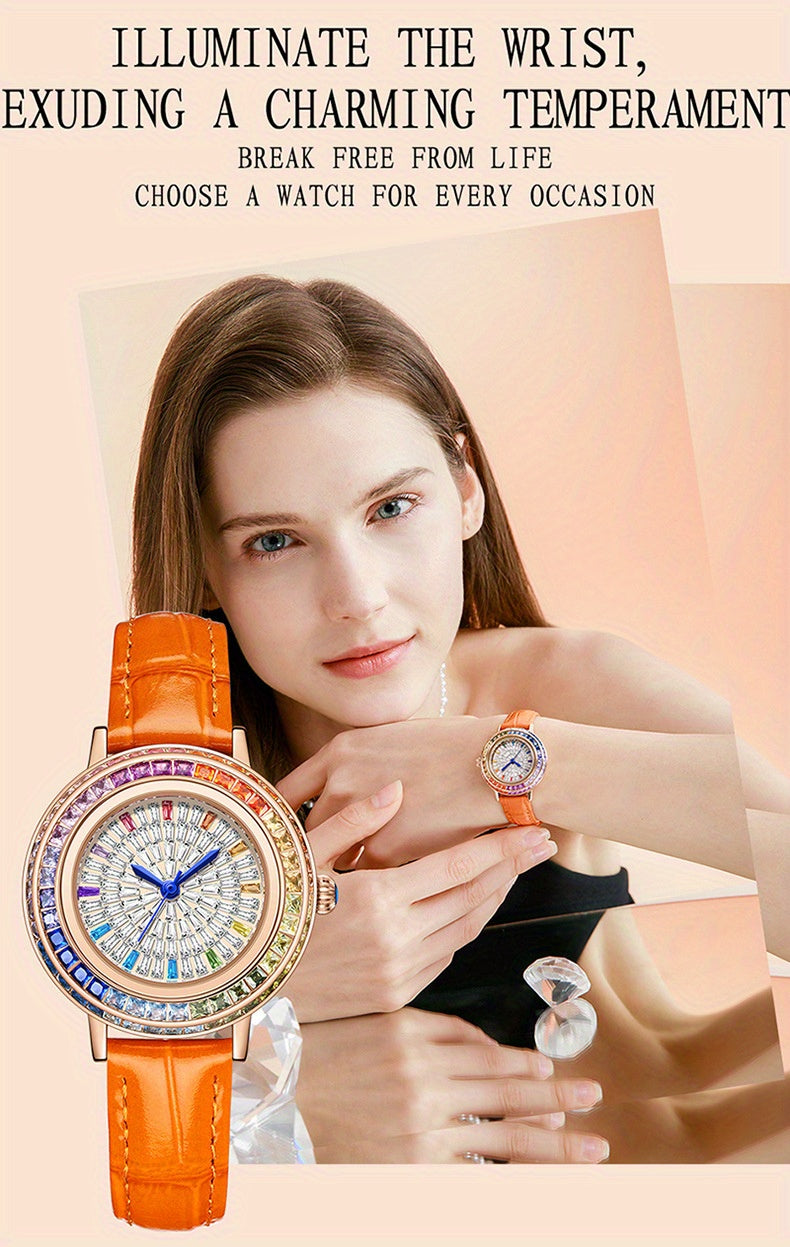 MKGO Colorful Luxury Rhinestone Quartz Watch Elegant Waterproof Fashion Analog PU Leather Wrist Watch
