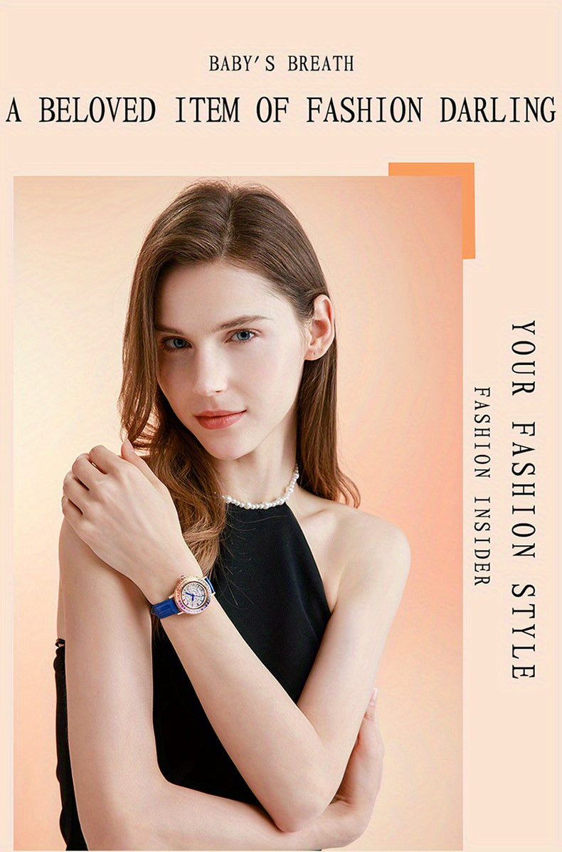 MKGO Colorful Luxury Rhinestone Quartz Watch Elegant Waterproof Fashion Analog PU Leather Wrist Watch