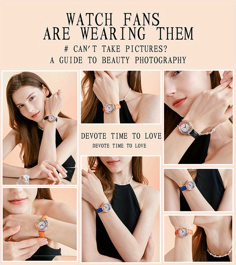 MKGO Colorful Luxury Rhinestone Quartz Watch Elegant Waterproof Fashion Analog PU Leather Wrist Watch