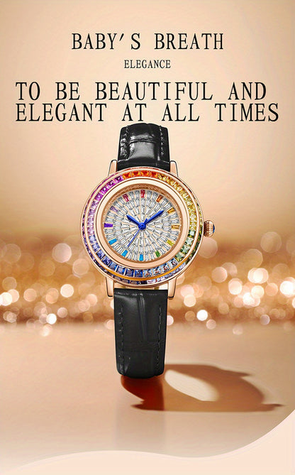 MKGO Colorful Luxury Rhinestone Quartz Watch Elegant Waterproof Fashion Analog PU Leather Wrist Watch