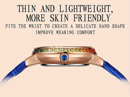 MKGO Colorful Luxury Rhinestone Quartz Watch Elegant Waterproof Fashion Analog PU Leather Wrist Watch