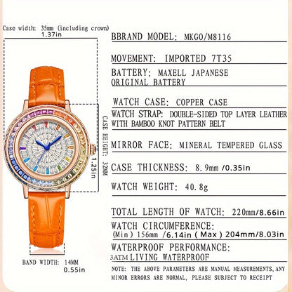MKGO Colorful Luxury Rhinestone Quartz Watch Elegant Waterproof Fashion Analog PU Leather Wrist Watch