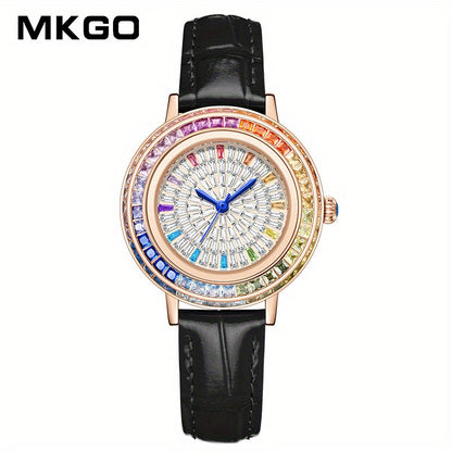MKGO Colorful Luxury Rhinestone Quartz Watch Elegant Waterproof Fashion Analog PU Leather Wrist Watch