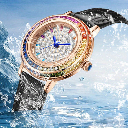 MKGO Colorful Luxury Rhinestone Quartz Watch Elegant Waterproof Fashion Analog PU Leather Wrist Watch