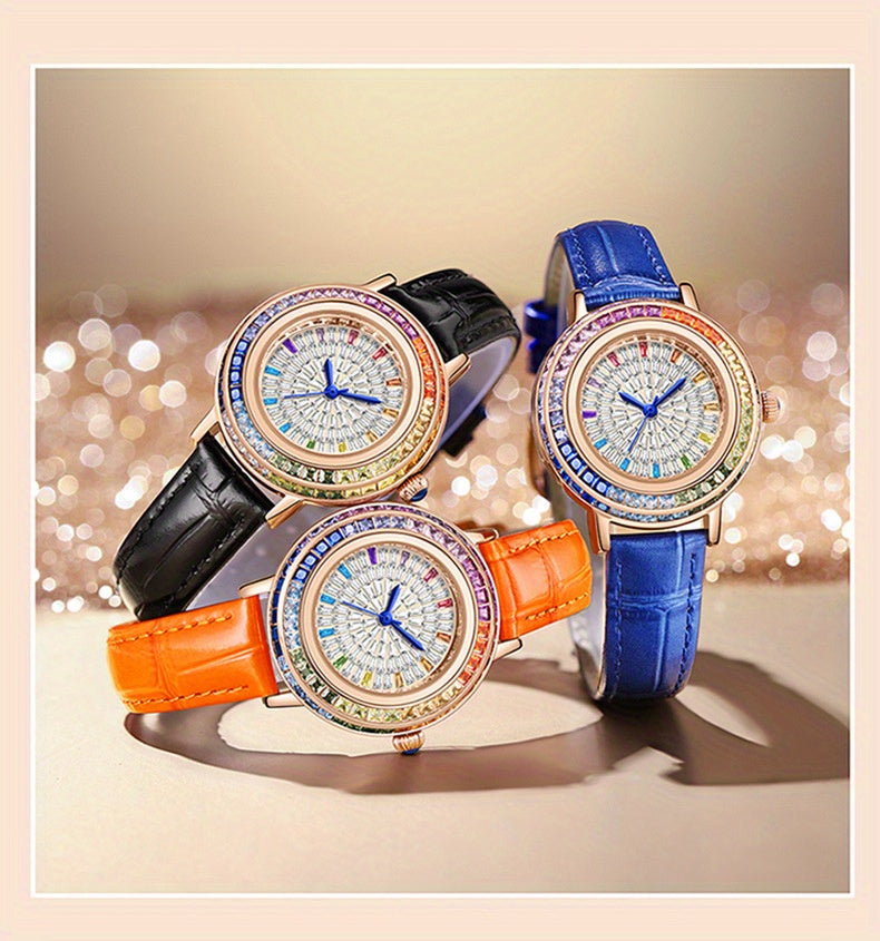 MKGO Colorful Luxury Rhinestone Quartz Watch Elegant Waterproof Fashion Analog PU Leather Wrist Watch
