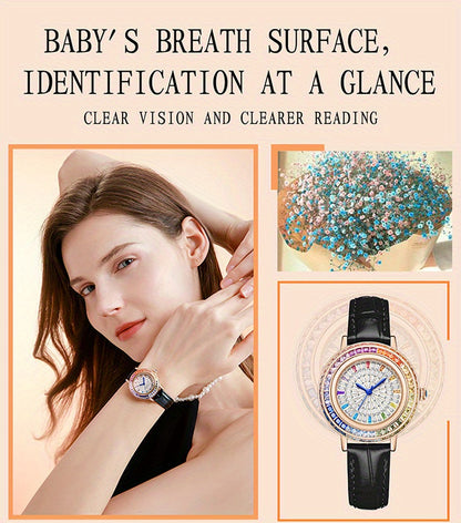 MKGO Colorful Luxury Rhinestone Quartz Watch Elegant Waterproof Fashion Analog PU Leather Wrist Watch
