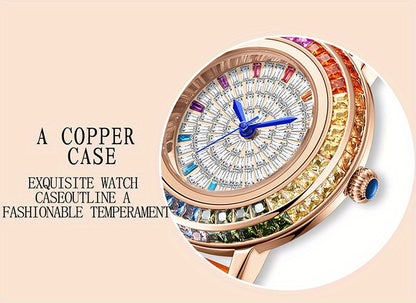 MKGO Colorful Luxury Rhinestone Quartz Watch Elegant Waterproof Fashion Analog PU Leather Wrist Watch