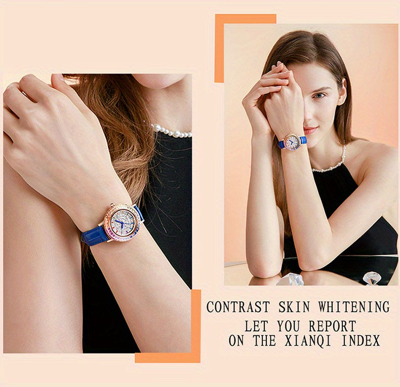 MKGO Colorful Luxury Rhinestone Quartz Watch Elegant Waterproof Fashion Analog PU Leather Wrist Watch