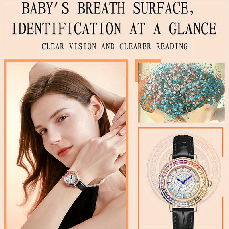 MKGO Colorful Luxury Rhinestone Quartz Watch Elegant Waterproof Fashion Analog PU Leather Wrist Watch