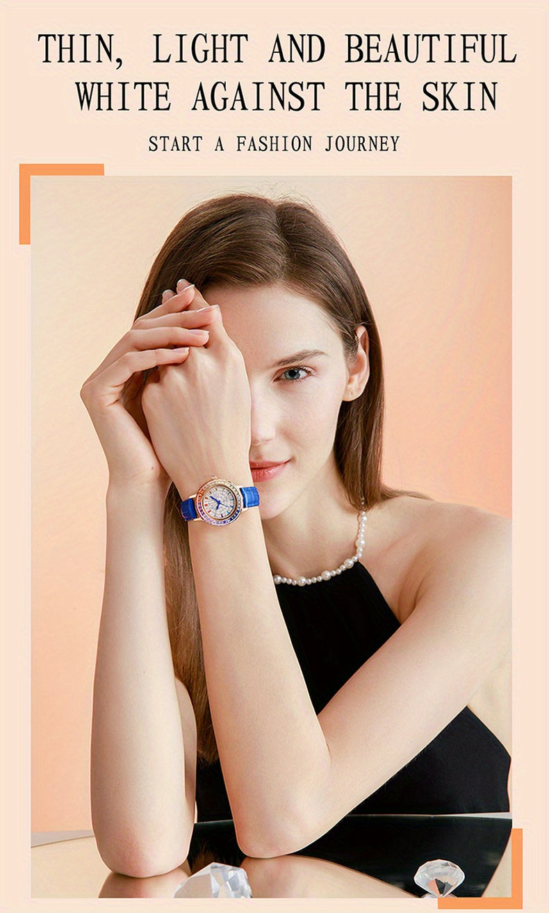 MKGO Colorful Luxury Rhinestone Quartz Watch Elegant Waterproof Fashion Analog PU Leather Wrist Watch