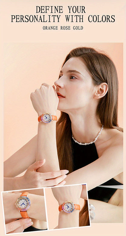 MKGO Colorful Luxury Rhinestone Quartz Watch Elegant Waterproof Fashion Analog PU Leather Wrist Watch