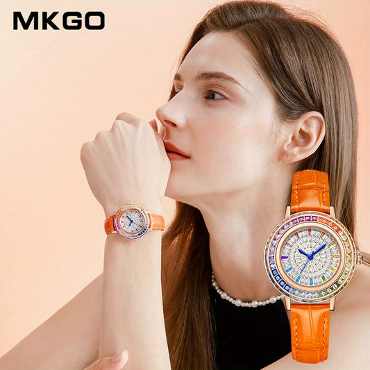 MKGO Colorful Luxury Rhinestone Quartz Watch Elegant Waterproof Fashion Analog PU Leather Wrist Watch