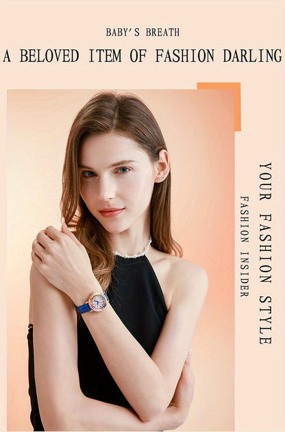MKGO Colorful Luxury Rhinestone Quartz Watch Elegant Waterproof Fashion Analog PU Leather Wrist Watch
