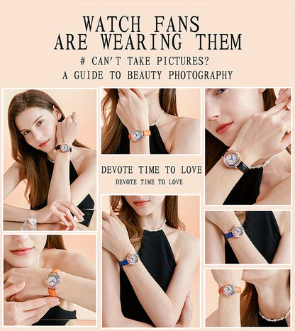 MKGO Colorful Luxury Rhinestone Quartz Watch Elegant Waterproof Fashion Analog PU Leather Wrist Watch